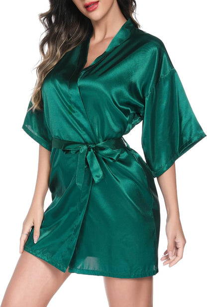 Women'S Satin Robe Short Kimono Bathrobes for Bride & Bridesmaid Wedding Party Robes with Gold Glitter or Rhinestones