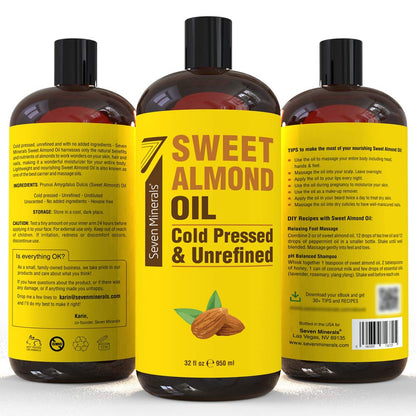 Pure Cold Pressed Sweet Almond Oil - 32 Fl Oz - Unrefined & 100% Natural - Ideal for Skin & Hair - Versatile Carrier Oil for Essential Oils