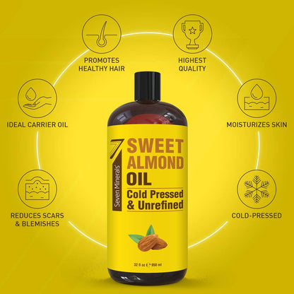 Pure Cold Pressed Sweet Almond Oil - 32 Fl Oz - Unrefined & 100% Natural - Ideal for Skin & Hair - Versatile Carrier Oil for Essential Oils