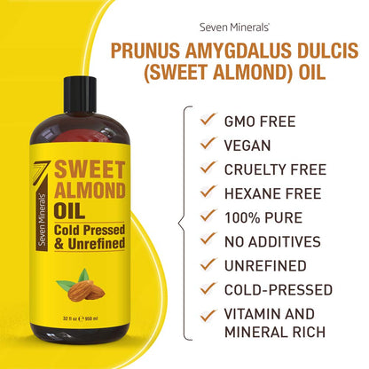 Pure Cold Pressed Sweet Almond Oil - 32 Fl Oz - Unrefined & 100% Natural - Ideal for Skin & Hair - Versatile Carrier Oil for Essential Oils