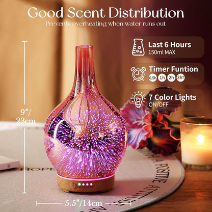 Rose Gold Essential Oil Diffuser 3D Glass Aromatherapy Ultrasonic Humidifier, Waterless Auto-Off, Timer Setting, BPA Free, Air Refresh for Home Hotel Yoga Leisure SPA Gift 150Ml