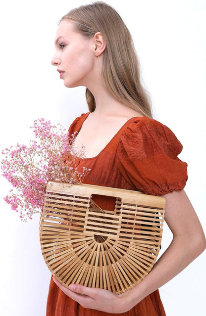 Womens Bamboo Handbag Handmade Large Tote Bag Straw Beach Bags Beach Purse Size