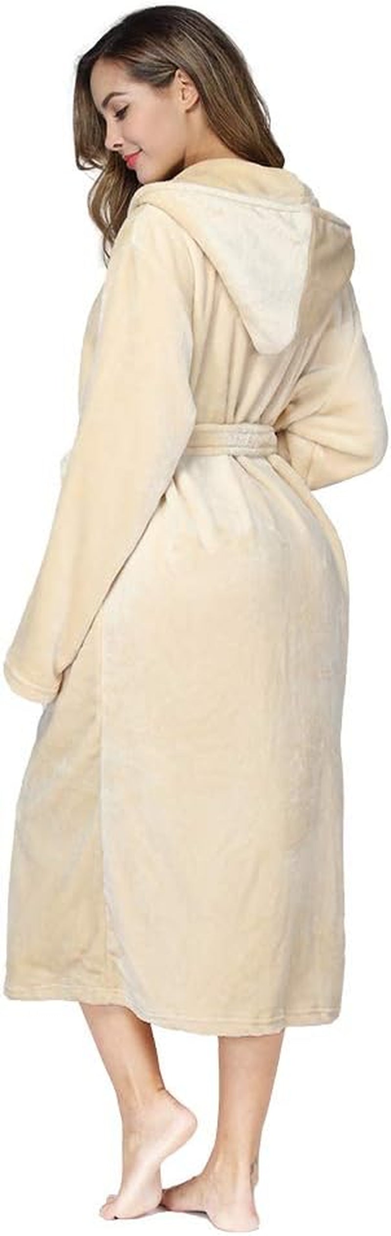 Womens Robes Plush Fleece Yellow Hooded Bathrobe Thick Nightgown with Pockets Fluffy Sleepwear Medium